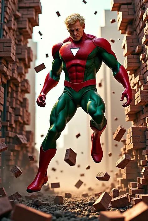 A powerful superhero in a green and red Donald Trump dazio man -inspired suit crashes through a brick building wall, causing deb...