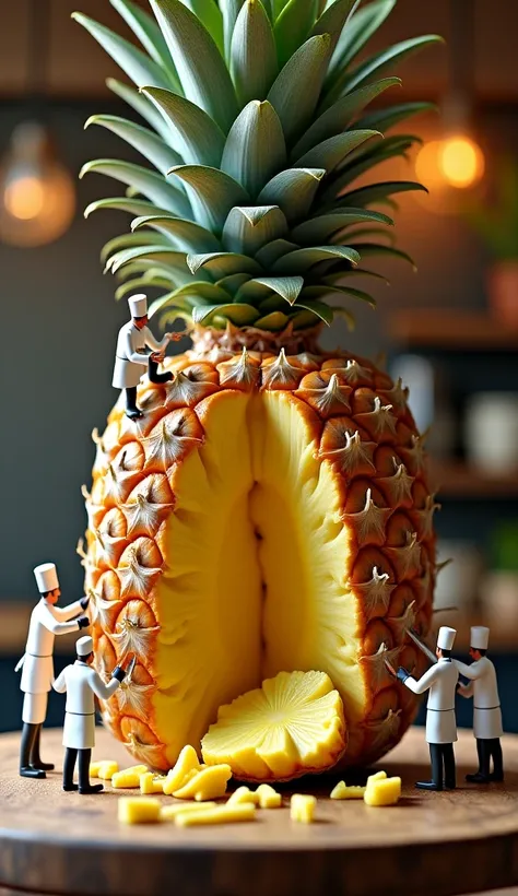 The image presents a whimsical and hyper-realistic scene featuring a colossal pineapple being prepared by four miniature chefs o...