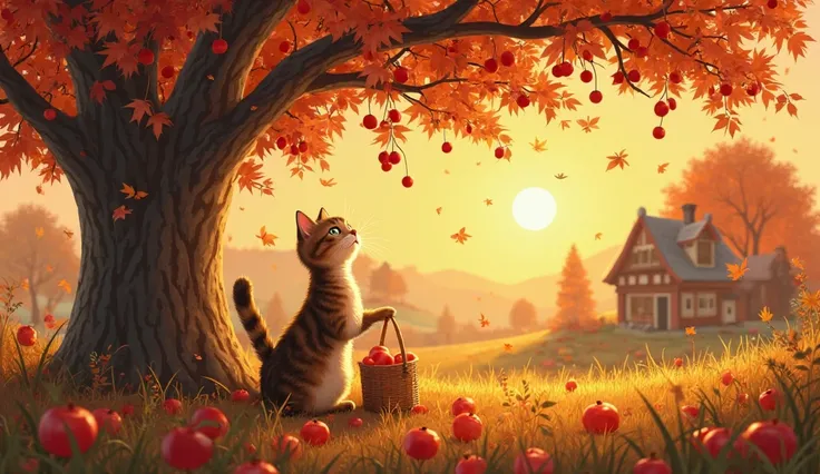 The cat uses its tail to pluck apples from tall trees while villagers collect them in baskets. Autumn leaves flutter, and the sc...