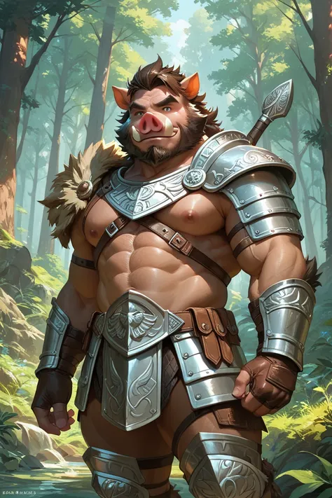 male anthropomorphic Boar (furry body), hunter, forest, greek armor, hair all over the body