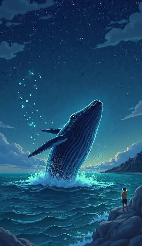 Whale breaching joyfully under a starry night sky, bioluminescent plankton glowing in the water. Dolphins dancing around it, dis...