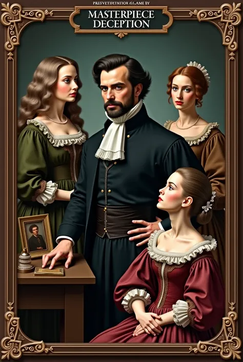 Create a main visual for a deduction board game designed in the Baroque style. In this game, players take on the role of art app...