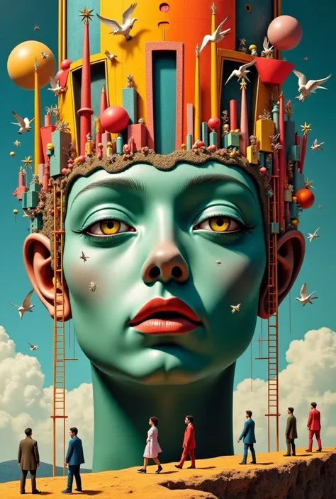 blends surrealism and abstract geometry in a unique and captivating way; the surreal face with its bluish-green skin tone, large...