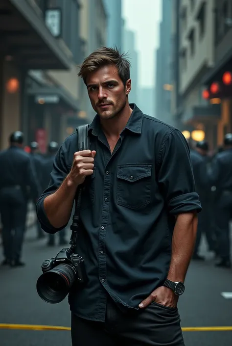 Tall male journalist with a camera in his hand, at a crime scene