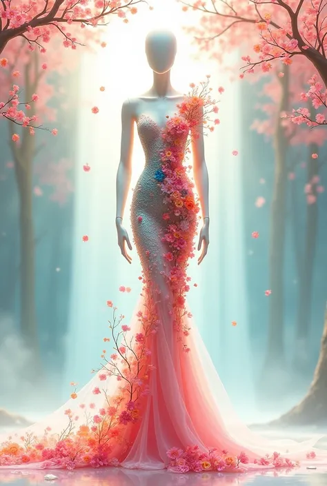 a fashion design sketch, with a front mannequin, The dress must represent spring, like a flowery tree or a waterfall