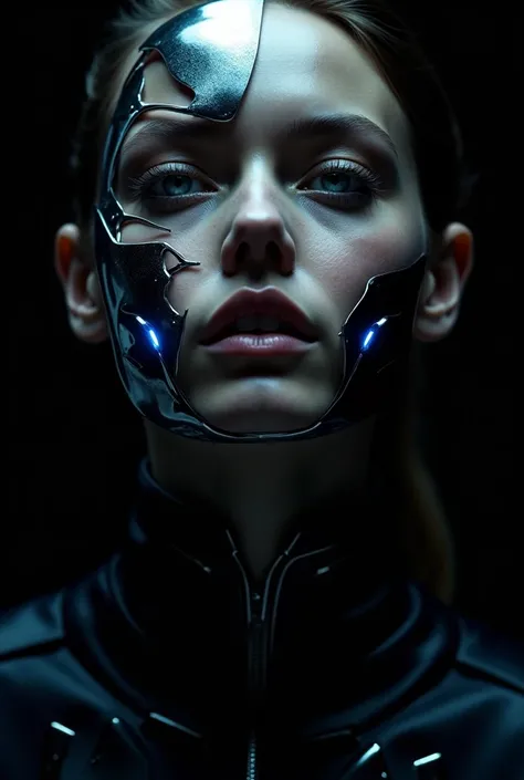 An artistic portrait of a person with futuristic characteristics . The facial expression is mysterious, with exaggerated detai...
