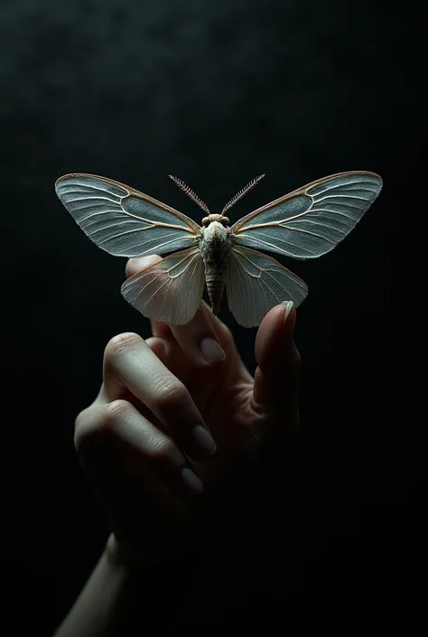 black background and on it there are some human fingers and in the middle a moth