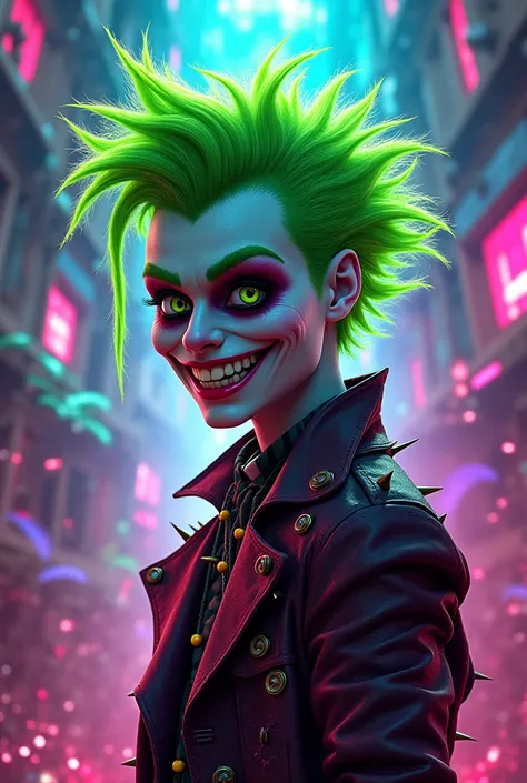 Beetlejuice as a punk rocker, neon green hair, maroon eyeshadow