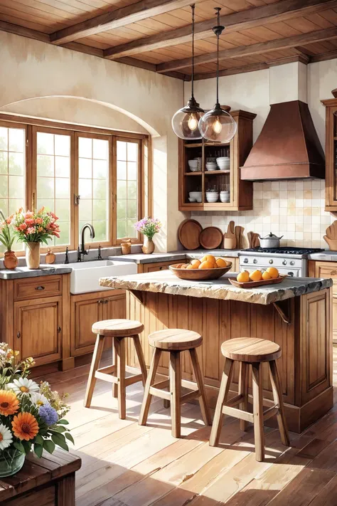 Rustic kitchen with an island, distressed wood and stone countertops, wooden barstools for seating, natural light from the windo...