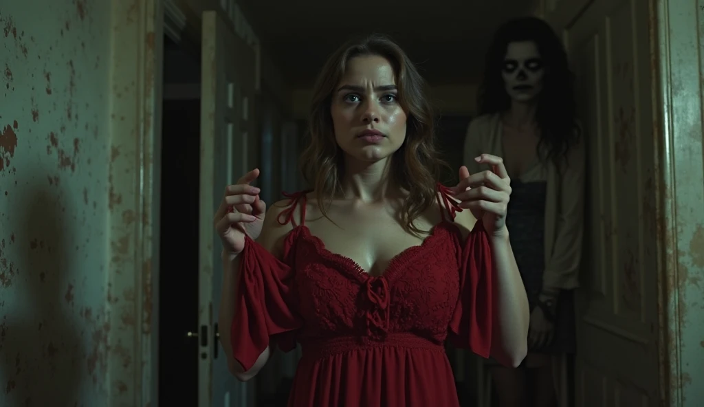 A young woman standing in a dimly lit room, holding a vintage red dress with trembling hands. Her face shows fear and hesitation...