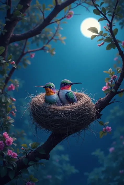 Hummingbirds in a nest resting on a tree branch at night, that it is very realistic and that there are blue colors in the backgr...