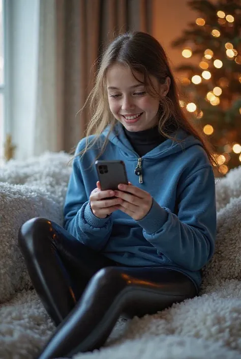 A girl wearing a full enclosed bodyfit skintight black latex catsuit under a blue sweatshirt and the girl is happy and unboxing ...