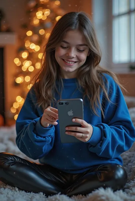 A girl wearing a full enclosed bodyfit skintight black latex catsuit under a blue sweatshirt and the girl is happy and unboxing ...