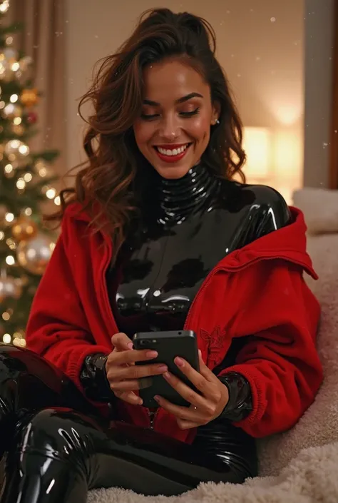 A girl wearing a full gloves legs enclosed bodyfit skintight black latex catsuit under a red sweatshirt and the girl is happy an...