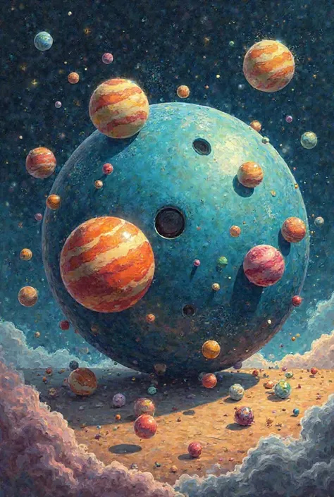 Illustration of marbles (planets) rolling around the bowling ball