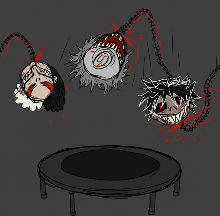 grotesque film frame, floating heads, stylized art, cartoonish horror, gray background, intense expressions, eyes wide open, sha...