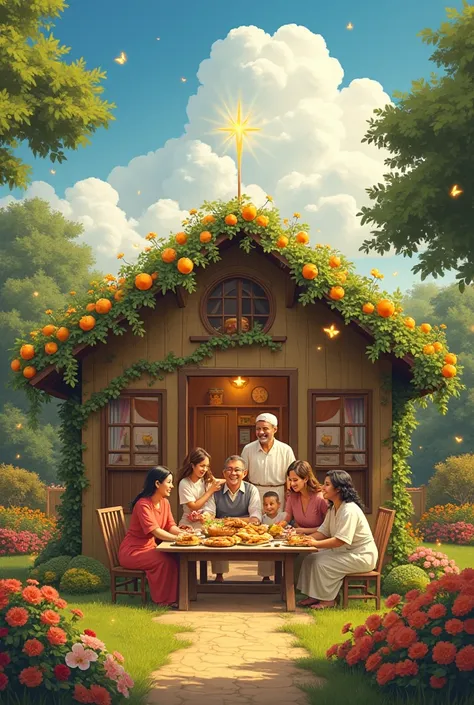 "A warm and welcoming scene: a family home surrounded by a prosperous and blossoming garden, with brightly colored flowers and a...