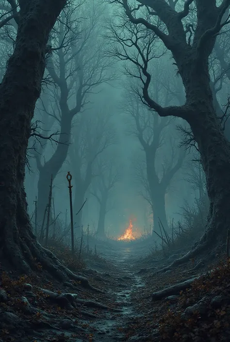 Create old tree battlefield forest filled with smoke at night