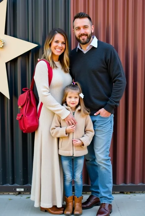 A family poses in front of a large star and bear design on a metal wall. The woman is wearing a long cream-colored knit dress wi...