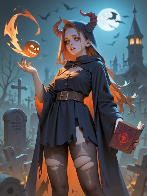 Midnight at the mysterious graveyard. Demonic zombie girl mage wearing torn wizard's hate, torn wizard's robe, and ripped tights...