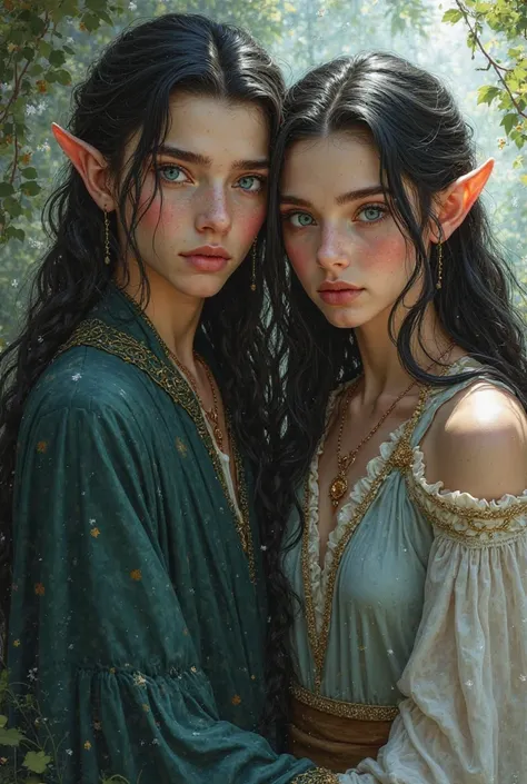 Two handsome dark-haired elves, they're young and beautiful like Legolas. Their eyes are blue, Pale skin, and the hair is black