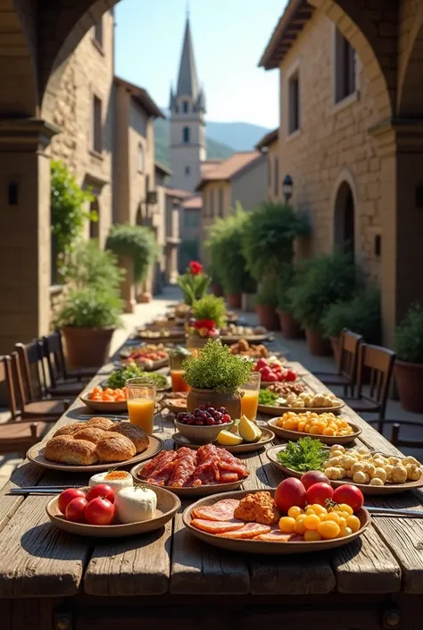 Realista ,Wooden table in the middle ages, city Triora Italy, Full of detailed Italian foods
