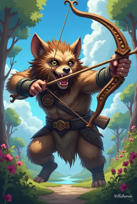 Make a young bugbear with anime graphic, using a longbow