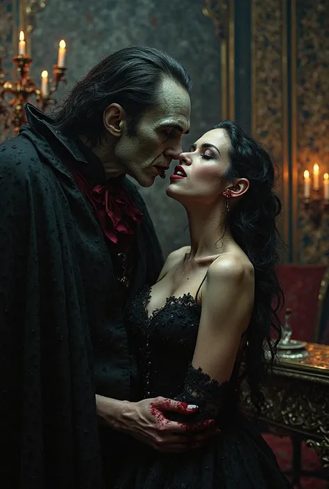A very Gothic Victorian atmosphere, with a vampire drinking the blood of a beautiful woman