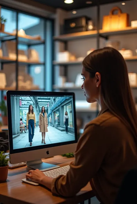 Create a video of a person looking at an online store on their computer and then being transported inside their computer and app...