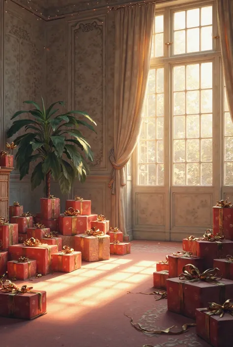 Create me a picture in a graceful house with packages on the floor