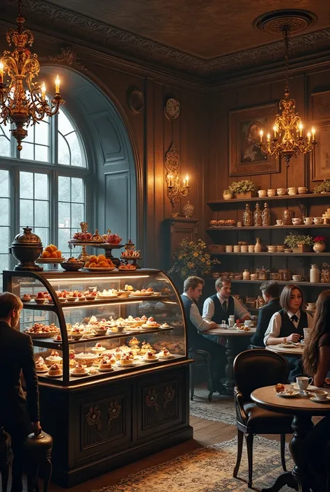 coffee shop , showing vintage and gothic pastries and desserts