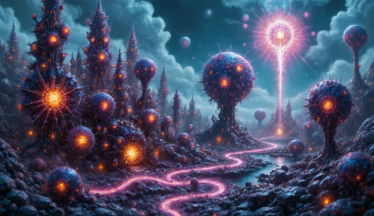 Ultra-detailed macro photography, 2000x magnification, low-angle view: A sprawling microscopic civilization pulses with eerie bi...