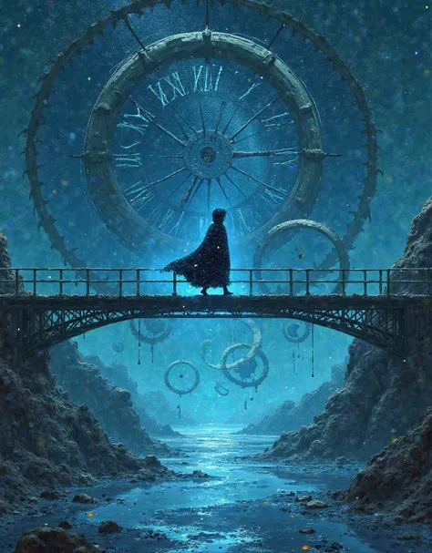 A dreamlike, surreal scene where time seems to stand still: a solitary figure walks along a bridge made of floating clocks suspe...