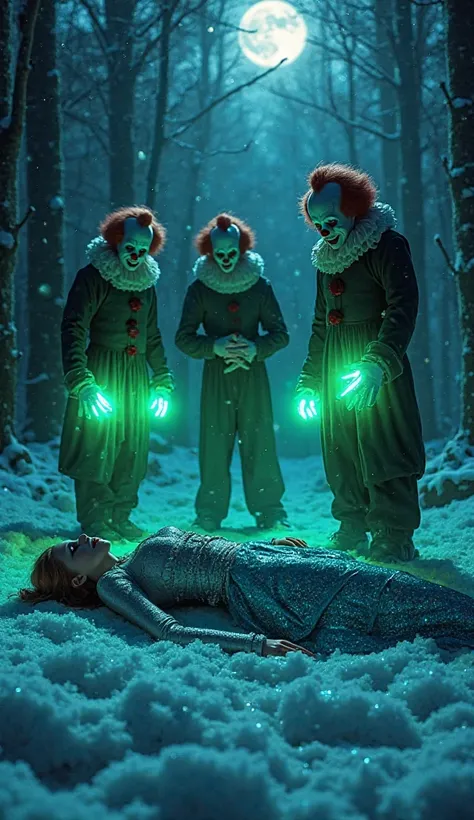 In a dark, snow-covered forest under eerie moonlight, three sinister clown figures resembling Pennywise stand menacingly with gl...