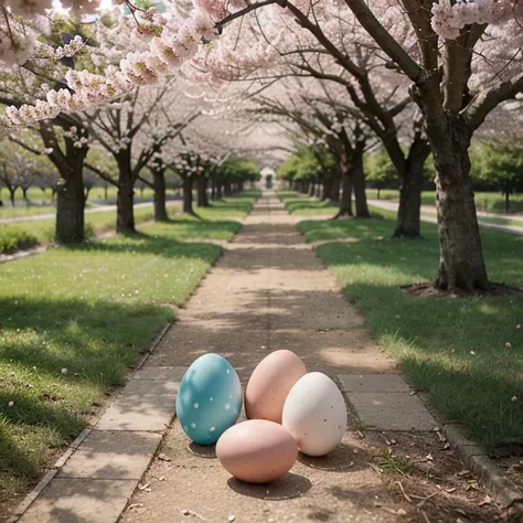 easter Eggs hidden in a cherry blossom orchard, soft pink palette, serene