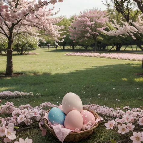 easter Eggs hidden in a cherry blossom orchard, soft pink palette, serene