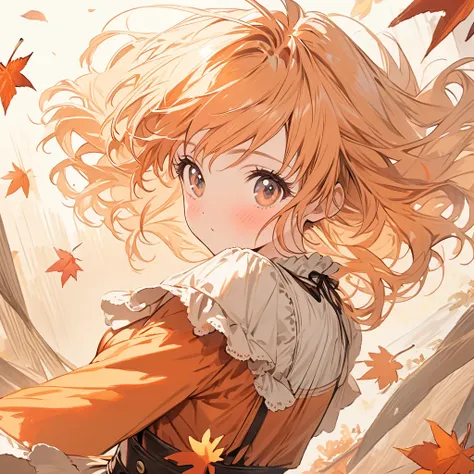 {{{masterpiece}}}, {{{Top Quality}}}, {{ultra detail}}, {illustrations},2d、female、Light orange hair 、 perm、cute、 autumn leaves a...