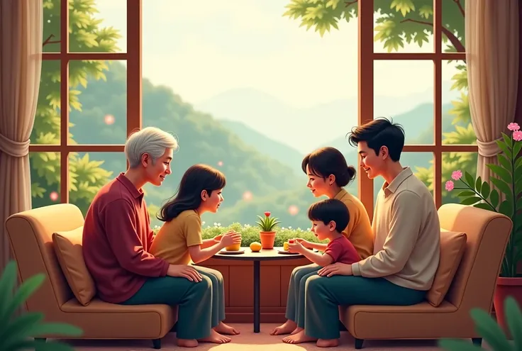 At home、An elderly couple and their ren and grandchildren are chatting while watching the beautiful scenery、They are chatting wh...