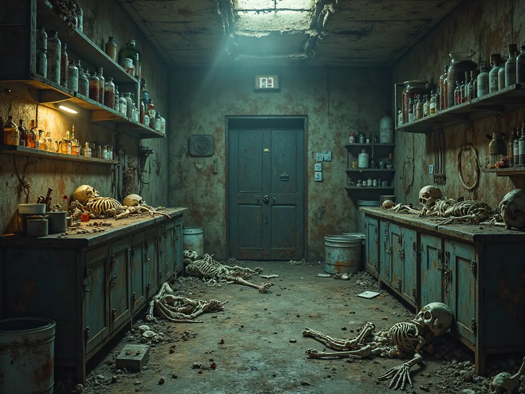 A creepy basement filled with old medical tools, acid barrels, and skeletons.