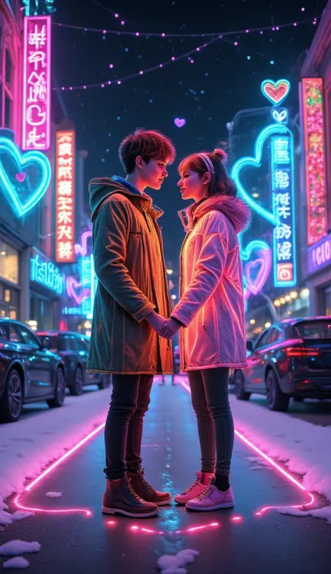 Midoriya and Ochaco in a romantic neon-lit scene, standing close in a glowing futuristic city at night, surrounded by pink and b...