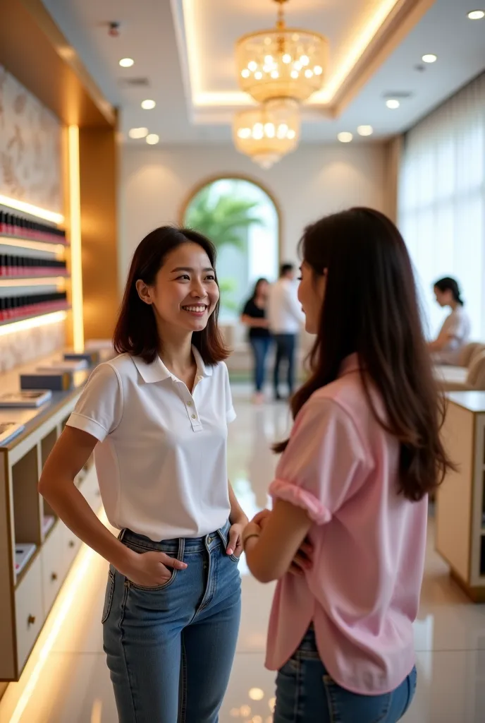 A realistic, vivid image of a Vietnamese nail salon owner in the U.S. standing inside her luxurious salon, joyfully talking with...