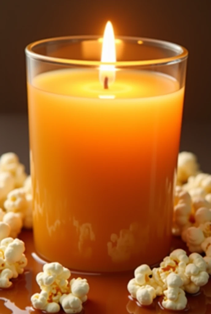 generate a scented candle, with popcorn. The candle should be in a glass cup, not high, transparent. Caramel should flow down th...