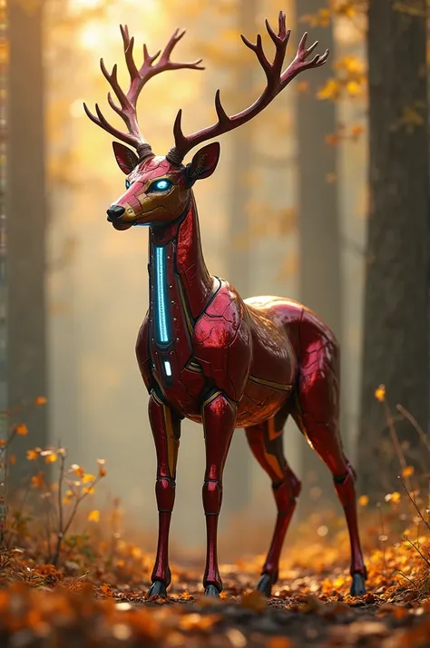 A very altra hd clean image, A majestic deer standing alert in a peaceful sunlit forest, its body armored with sleek red and gol...