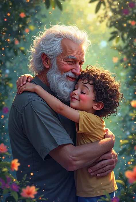 combine this two pictures into violet evergreen style. Make sure that my grandpa hug me and also make it as real as possible.