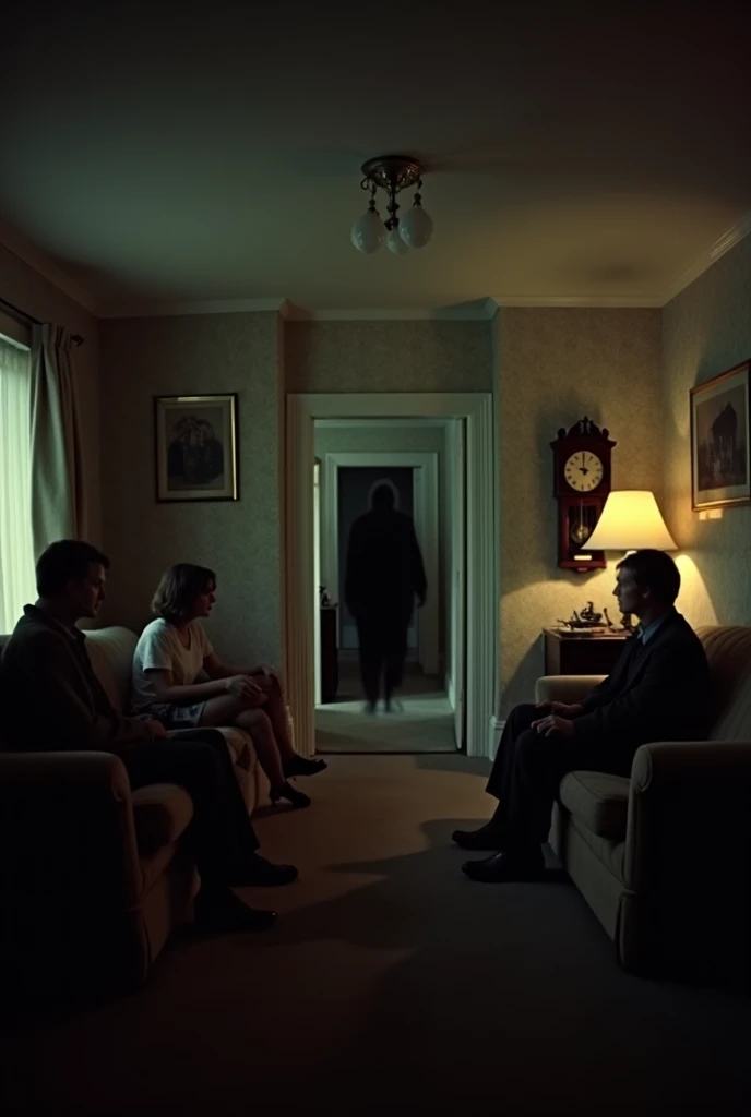 Slow pan of a 1970s British suburban living room at night, dim lighting, vintage furniture and wallpaper, family of four sitting...