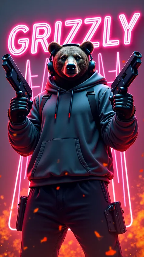 A cool grizzly bear in a hoodie and pants and with headphone on his head with guns in his hands . Neon lines and fire in the bac...