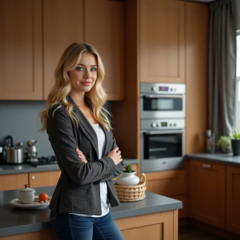 Studio photo of a beautiful young German blonde and beautiful woman at home, home appliances made in a German Catholic country, ...