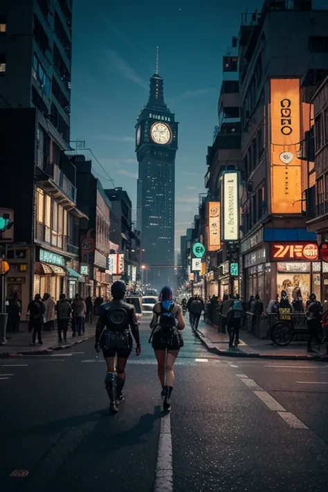 people walking in the city at night with a huge clock tower in the background, in futuristic cyberpunk city, futuristic cyberpu...