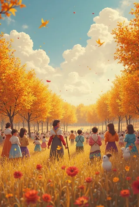 The villagers are gathered in the field, the field is full of colorful gold and silver trees, everyone is happy and clapping. Th...