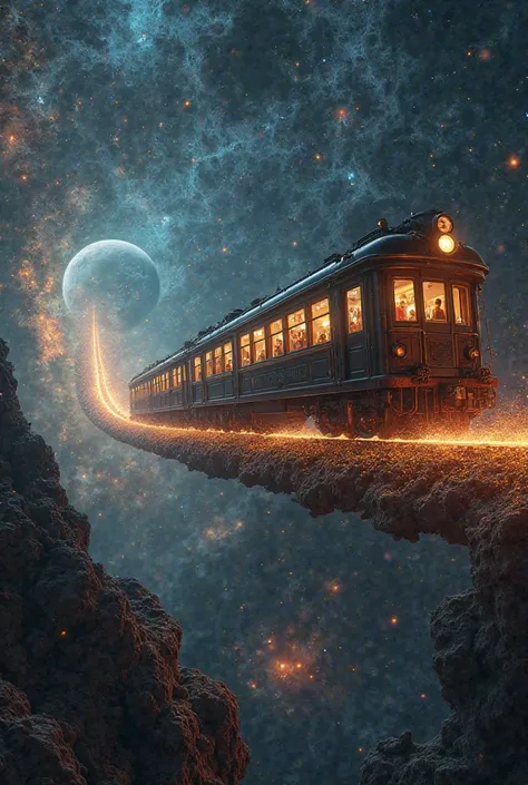 "Realistic surreal wallpaper of a vintage train floating in outer space, following a glowing track made of stardust between gala...
